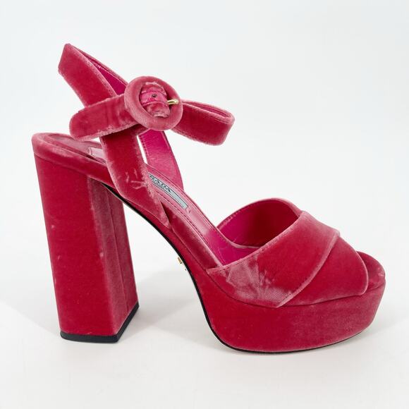 Prada Pink Velvet Crisscross Platform Block Heel Ankle Strap Sandals size IT 36 - Picture 3 of 13